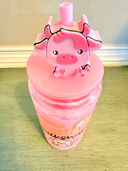 Strawberry Milkshake 20 oz Glass Tumbler 🍓 | Pink Cow Cup with Straw Topper
