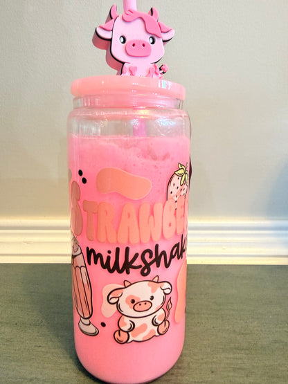 Strawberry Milkshake 20 oz Glass Tumbler 🍓 | Pink Cow Cup with Straw Topper