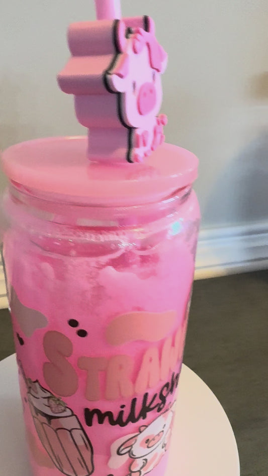 Strawberry Milkshake 20 oz Glass Tumbler 🍓 | Pink Cow Cup with Straw Topper